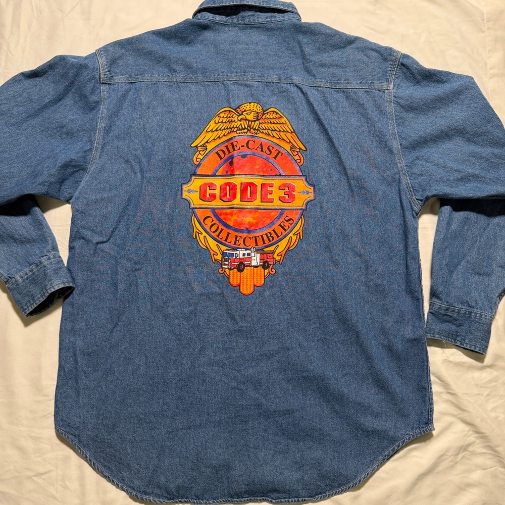 Port Authority Mens Denim Shirt Blue Code 3 Collectibles Fire Truck Graphic L - Picture 3 of 11